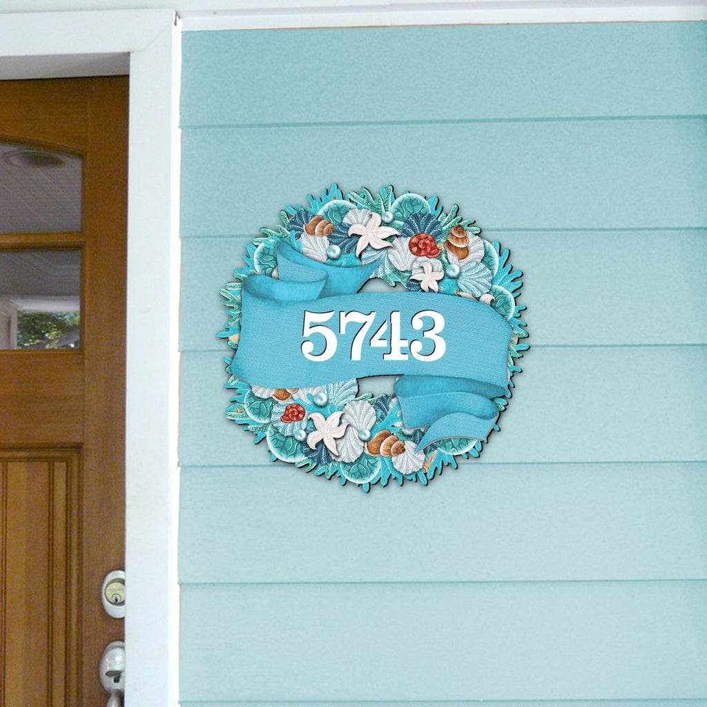 Coastal Wreath Wooden Personalized House Number Sign by G. Debrekht - Coastal Sea-Life Decor - Handcrafted Wooden Address Sign - MA81853062
