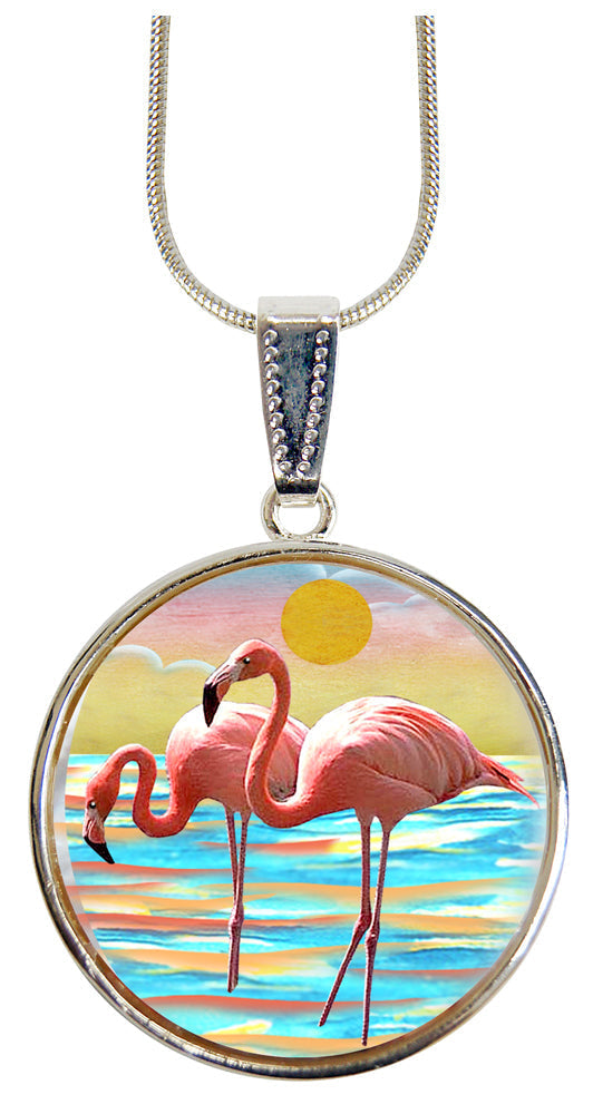 Flamingos Silver Plated Mother of Pearl Jewelry Pendant Necklace Coastal - 44046
