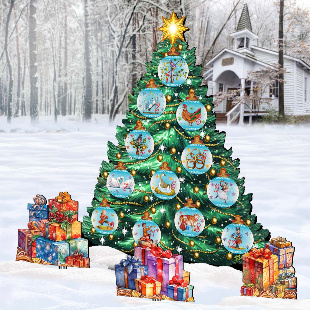 Twelve Days-Themed Christmas Tree Outdoor Indoor Decor Wooden Christmas Decoration by G. Debrekht Christmas Decor - 8191502F-G-S12