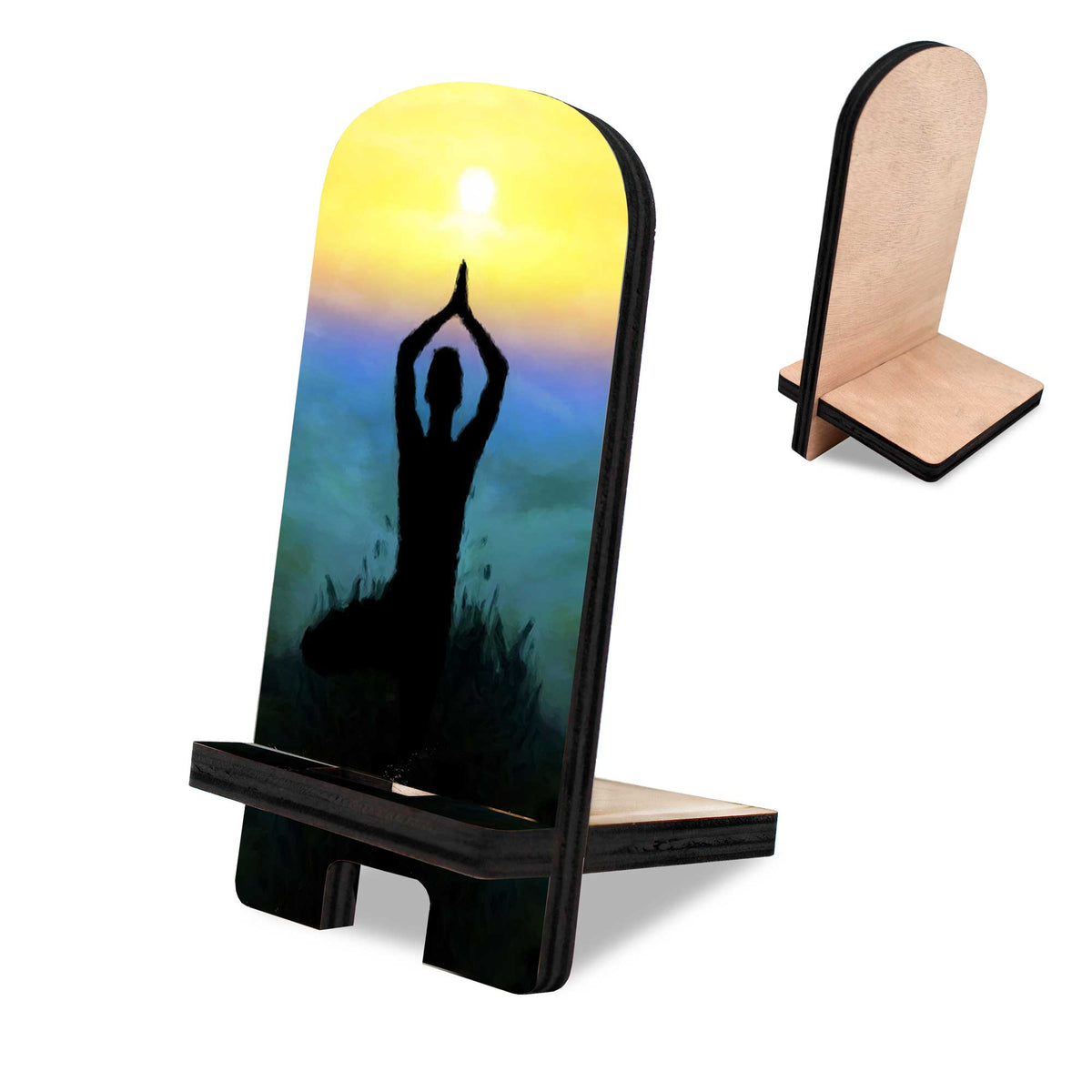 Sunset Yoga Cell Phone Stand Inspirational Decor Wood Mobile Tablet Holder Charging Station Organizer - 892045