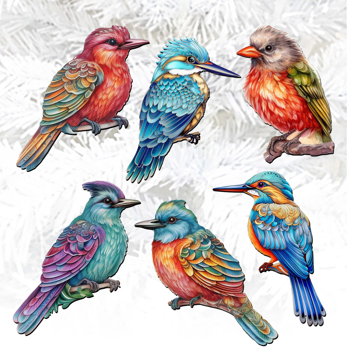 Colorful Birds Clip-On Eco Wood Decorative Ornaments Set of 6 by G. Debrekht - Christmas Decor - 8090003C-S6