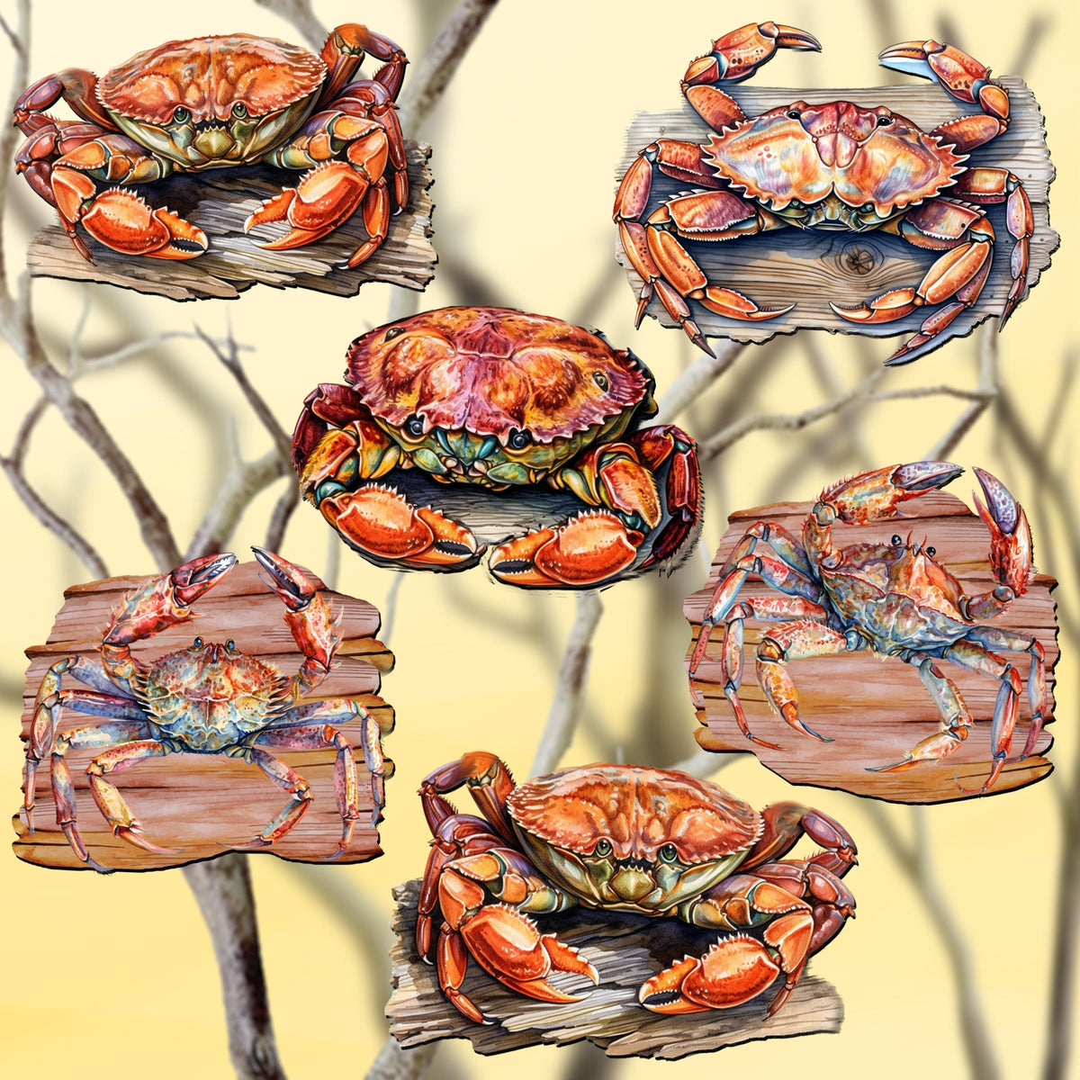 Crabs of the Wild Clip-On Eco Wood Decorative Ornaments Set of 6 by G. Debrekht - Wildlife Decor - 8090121C-S6