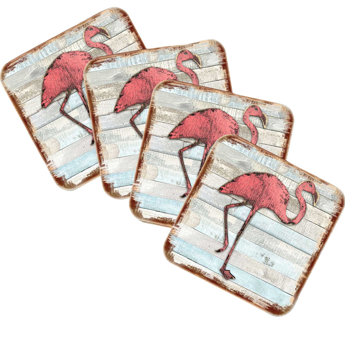 Flamingo Coastal Wooden Cork Coasters Gift Set of 4 by Nature Wonders - Coastal Sea-Life Decor - 8198544-9C-S4