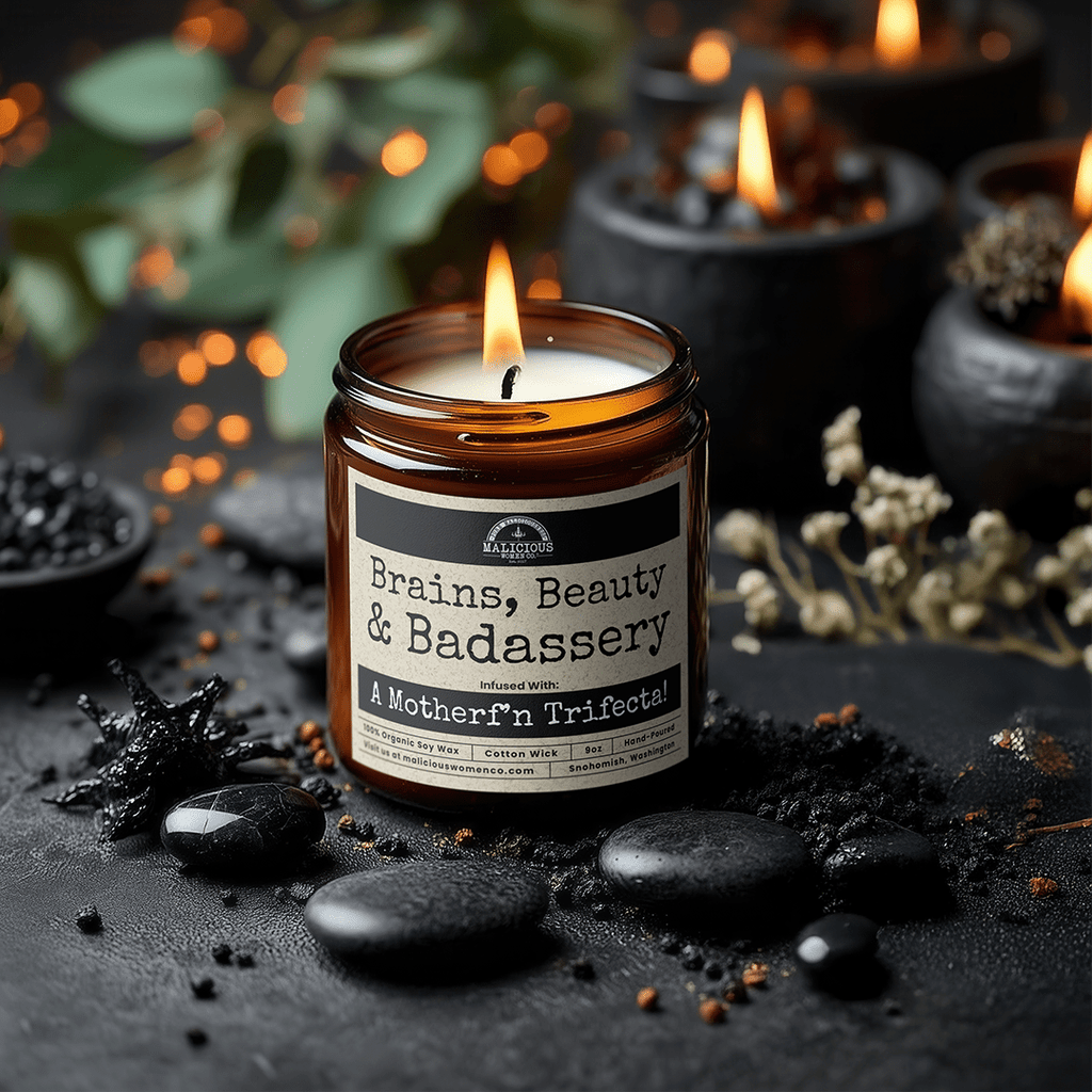 Brains Beauty Badassery | Scent: Rebel Rose | 9oz Funny Candle | Malicious Women Co