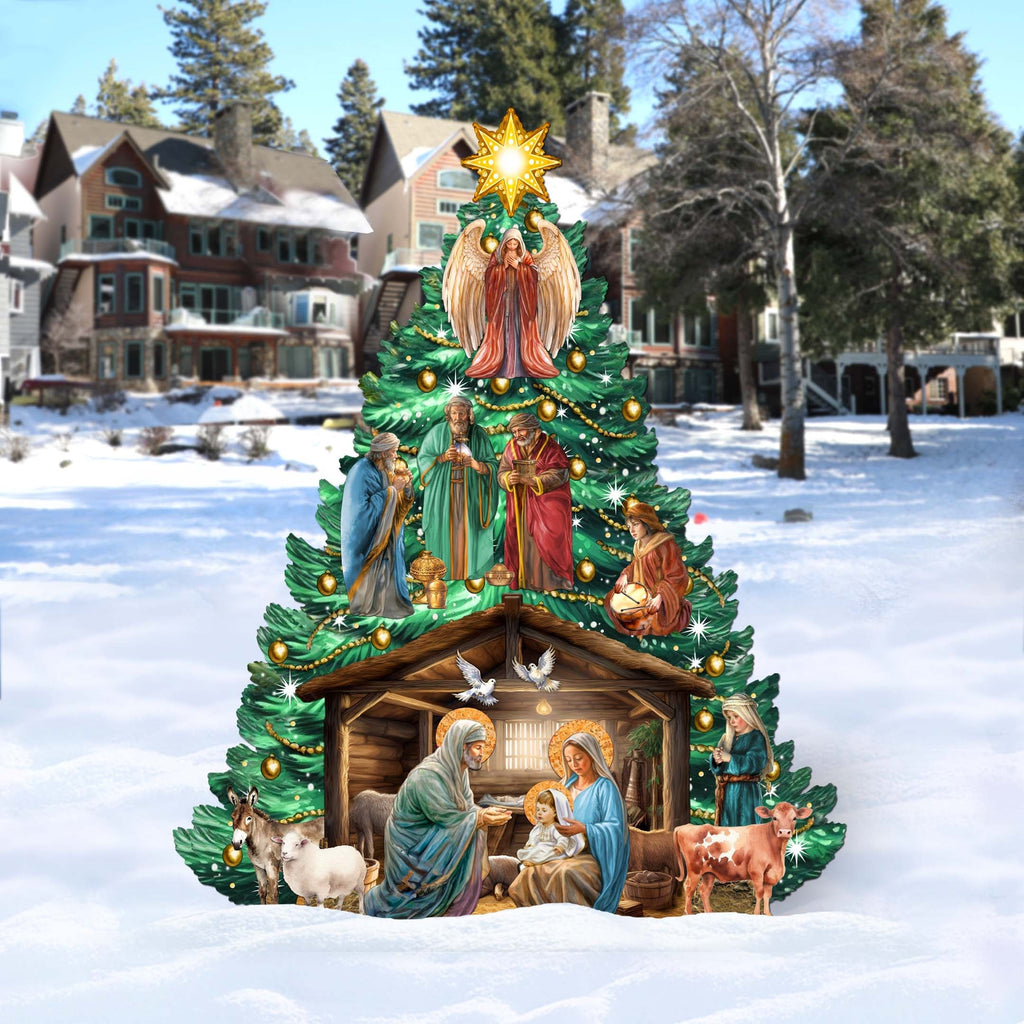 Nativity-Themed Christmas Tree Outdoor Indoor Decor Wooden Christmas Decoration by G. Debrekht Christmas Decor - 8191503-3F