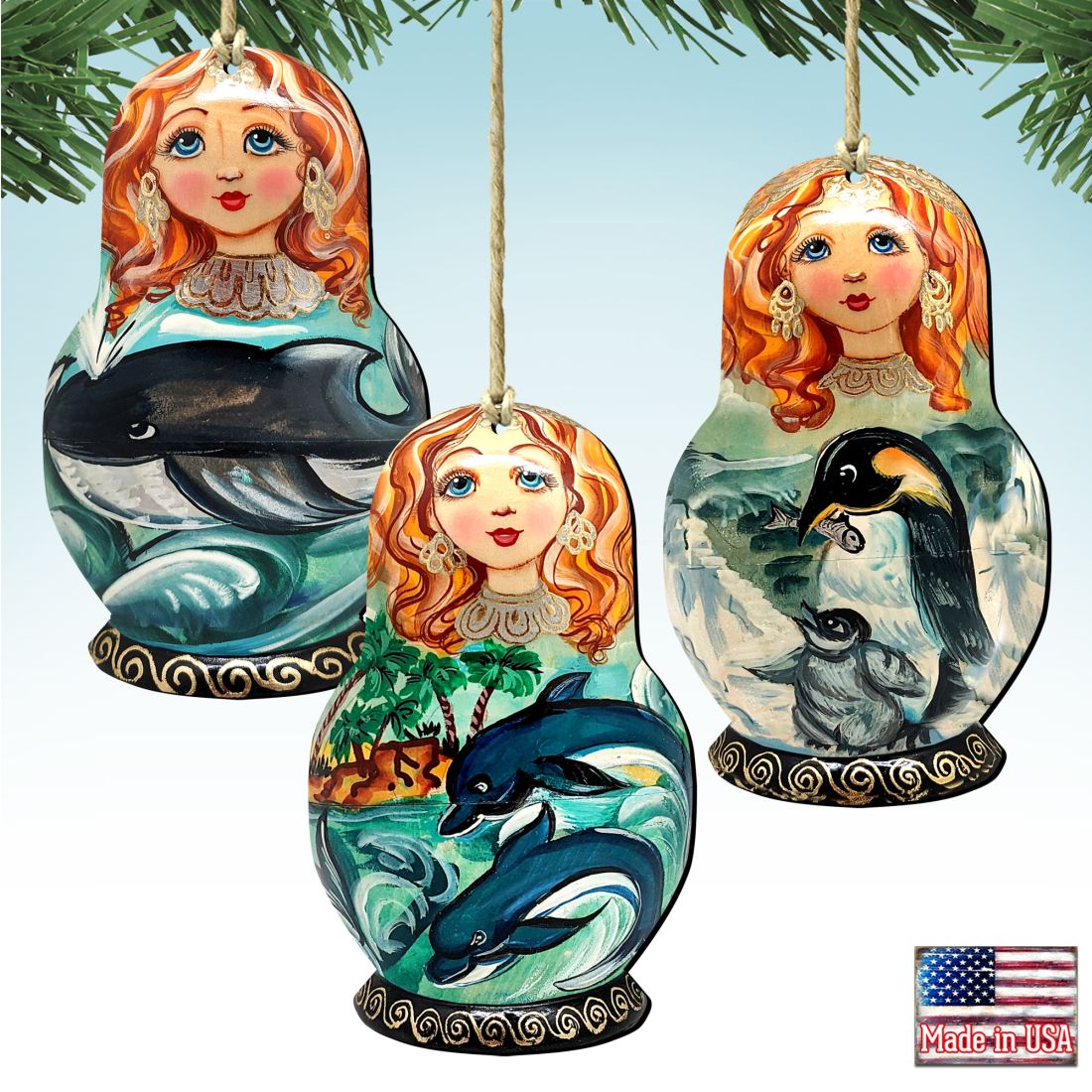 Dolphins, Whale, Penguins Dolls Wooden Ornaments Set of 3 by G. DeBrekht - Coastal Holiday Decor - 8100190S3