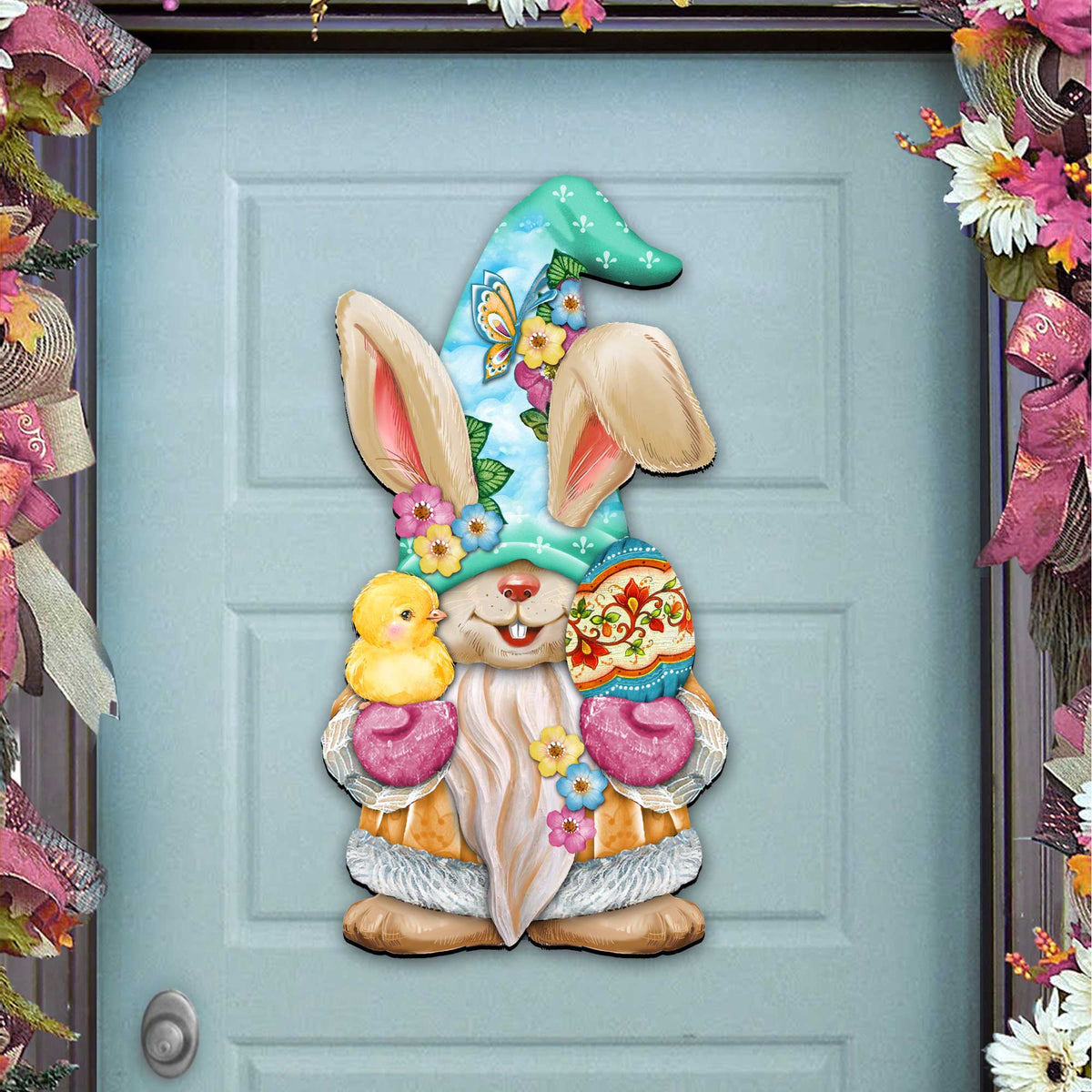 Easter Egg Bunny Gnome with Chick Wooden Door Hanger Wall by G. DeBrekht - Easter Spring Decor - 8611017H