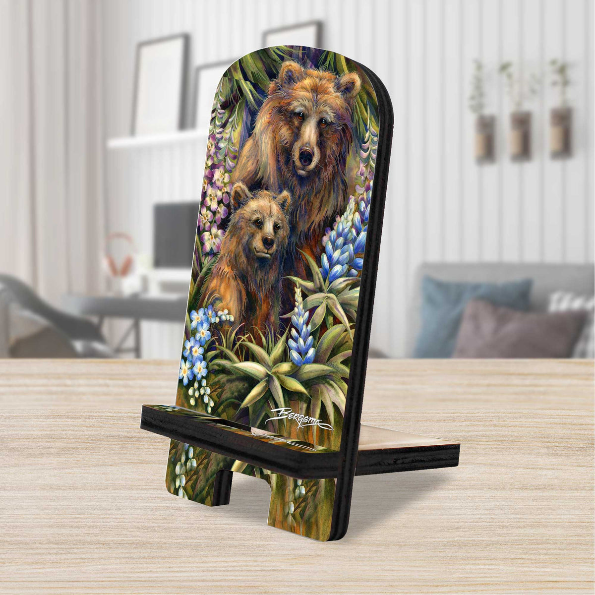 Grin & Bear it Grizzly Mother & Cub Cell Phone Stand Wildlife Decor Wood Mobile Tablet Holder Charging Station Organizer - 892092-JB