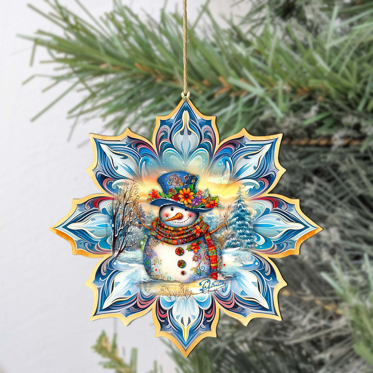 Snowman Blue Snowflake Large Wooden Ornament by G. Debrekht - Christmas Santa Snowman Decor - 8688427M