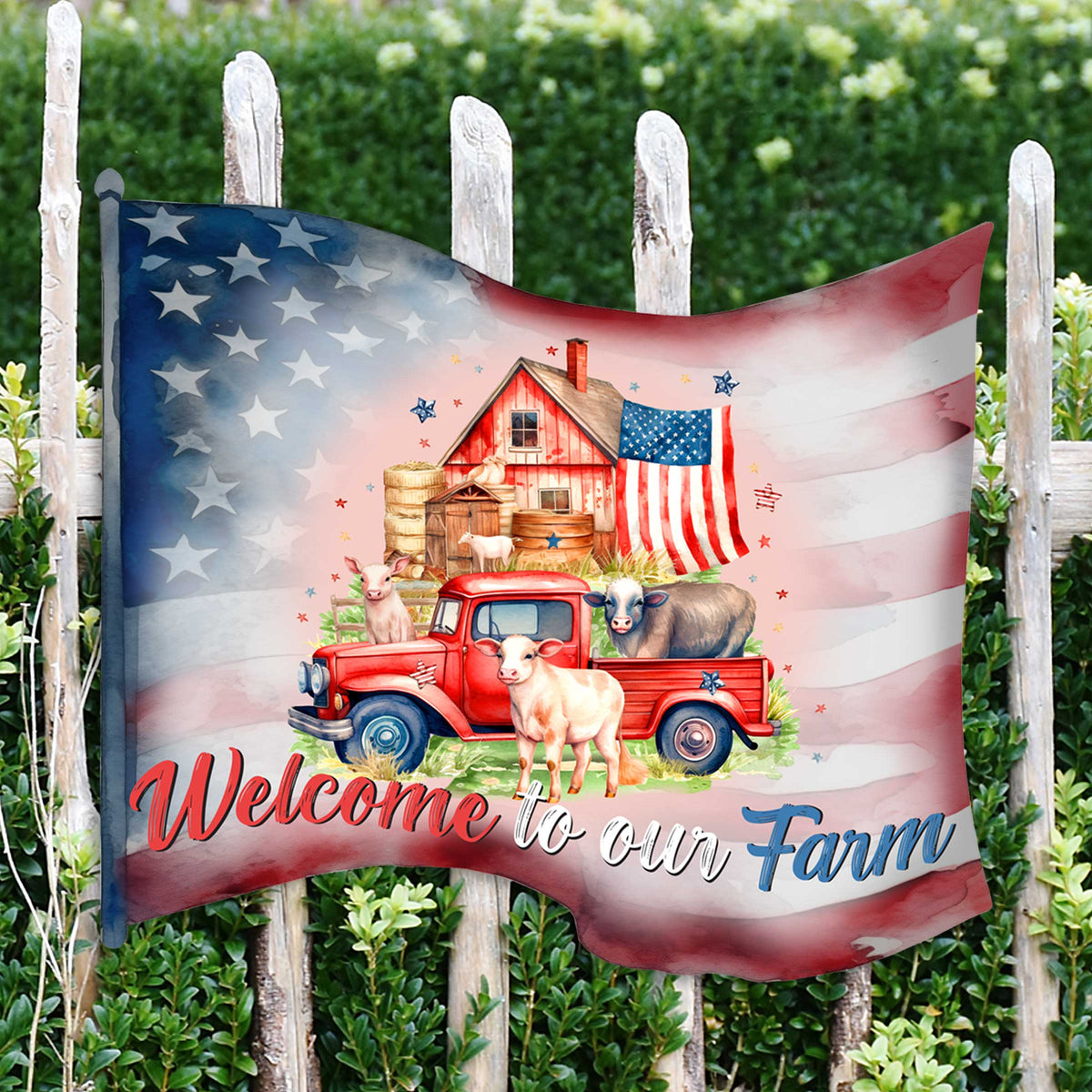 Front door welcome sign American flag Welcome to Our Farm Front porch Patriotic wreath Farm front entrance banner Welcome sign - Wooden front porch decor - 933107H