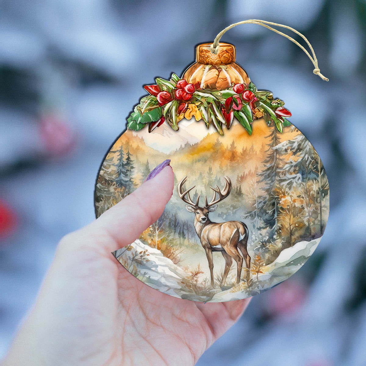 Elk in Mountain's Nature Beauty Wooden Ornaments by G.Debrekht - Wildlife Holiday Decor - 870027