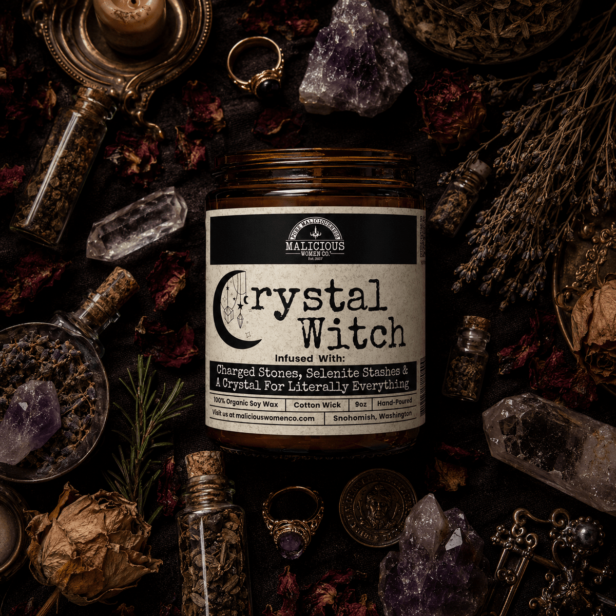 Crystal Witch | Scent: Black Plum & Fig | 9oz Witch Candle | Malicious Women Co