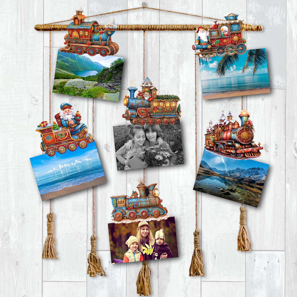 Santa Christmas Train Clip-On Eco Wood Decorative Ornaments Set of 6 by G. Debrekht - Christmas Decor - 8090123C-S6