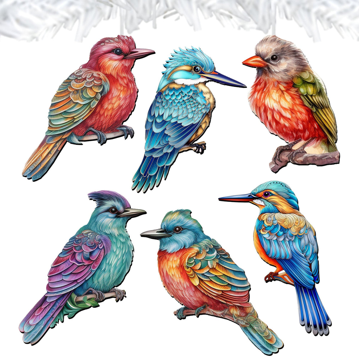 Colorful Birds Clip-On Eco Wood Decorative Ornaments Set of 6 by G. Debrekht - Christmas Decor - 8090003C-S6