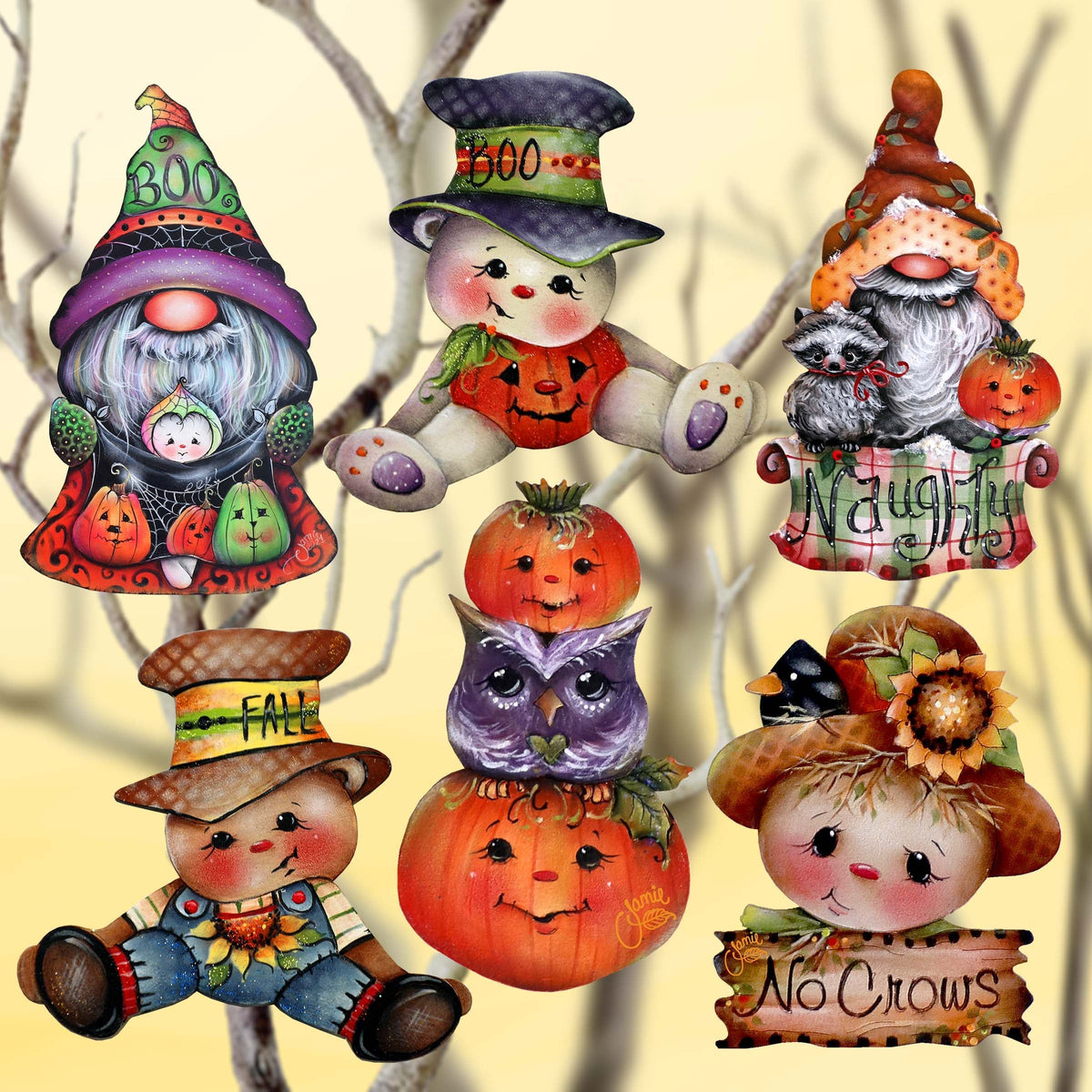 Hello Fall - Pumkin, Scarecrow, Gnome Clip-On Eco Wood Decorative Ornaments Set of 6 by Jamie Mills-Price - Thanksgiving Decor - 8090047C-MP-S6