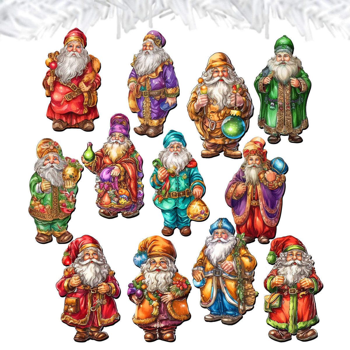 Colorful Santa Clip-On Eco Wood Decorative Ornaments Set of 12 by G. Debrekht - Christmas Decor - 8090050C-S12