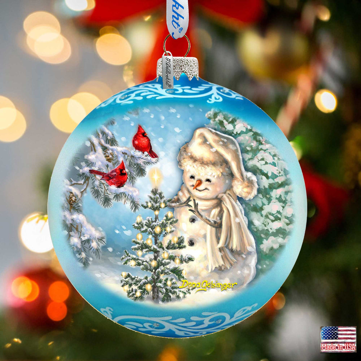 Glowing Snowman Lg Glass Ornament in Blue by Gelsinger - Christmas Decor - 73926B-DG