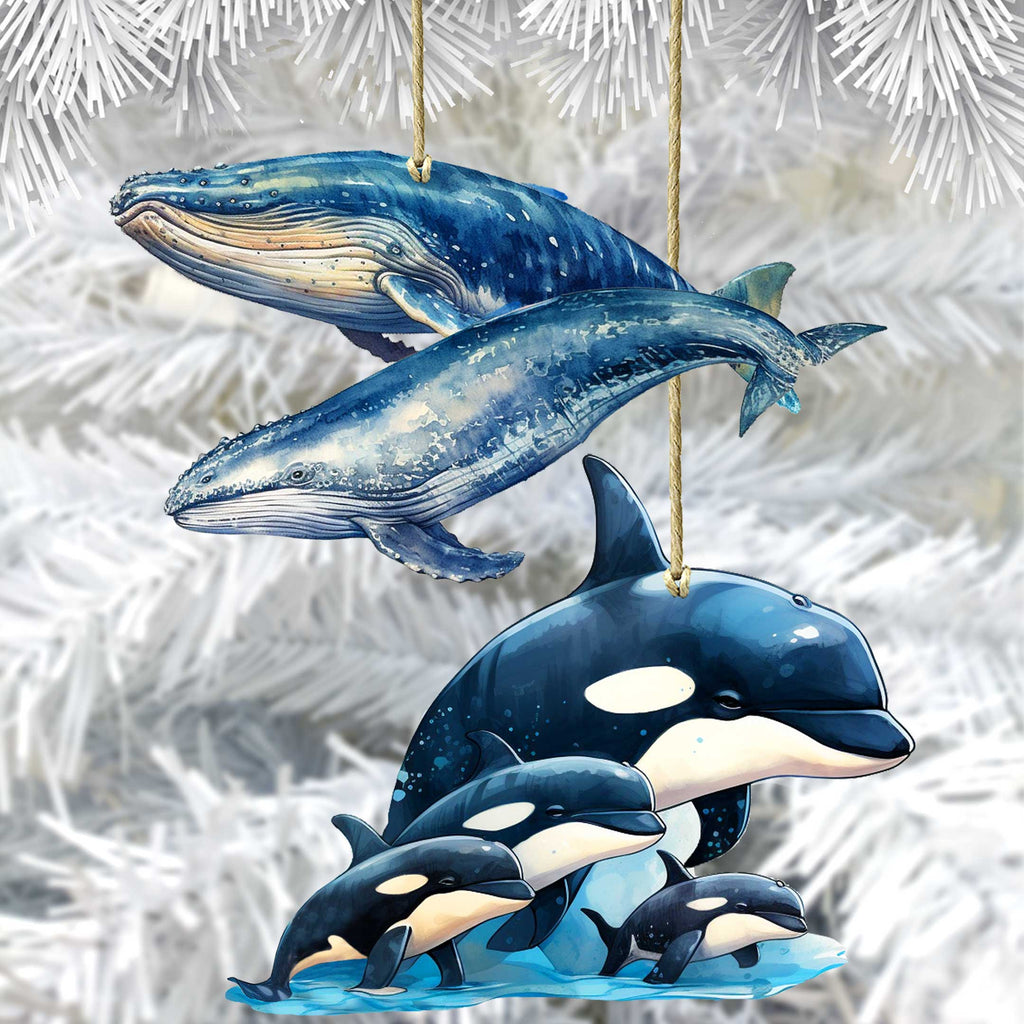 Alaskan Whale and Orca Eco Wood Ornaments Set of 2 by G. Debrekht - Wildlife Holiday Decor - 8091323S2