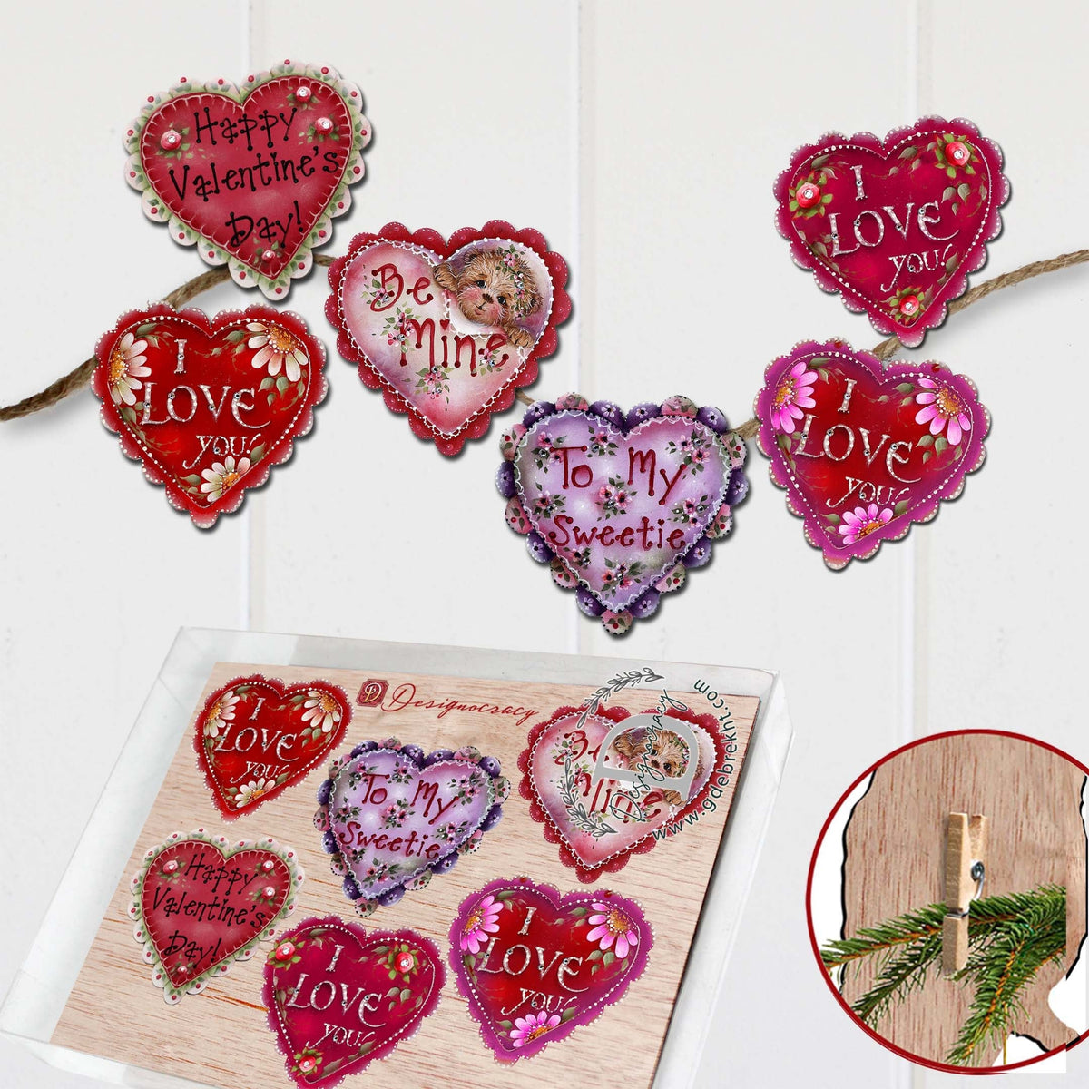 Hearts of Love Clip-On Eco Wood Decorative Ornaments Set of 6 - Family Love Decor - 8090128C-S6