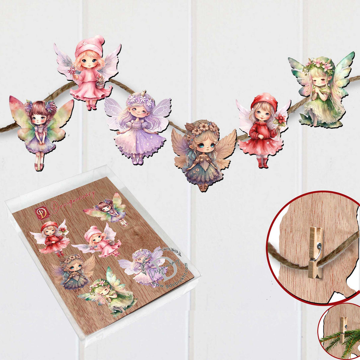 Colorful Fairies Clip-On Eco Wood Decorative Ornaments Set of 6 by G. Debrekht - Christmas Decor - 8090006C-S6