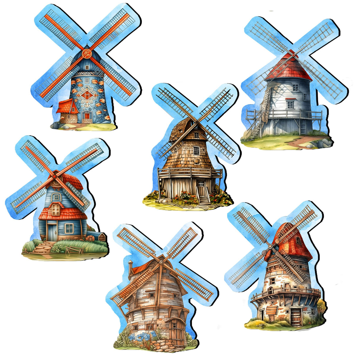Windmills Clip-On Eco Wood Decorative Ornaments Set of 6 by G. Debrekht - Love Family Decor - 8090074C-S6