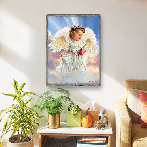 Angel with Cardinal Art Wooden Wall Art by D. Gelsinger - Nativity Holiday Decor - 95676B-DG