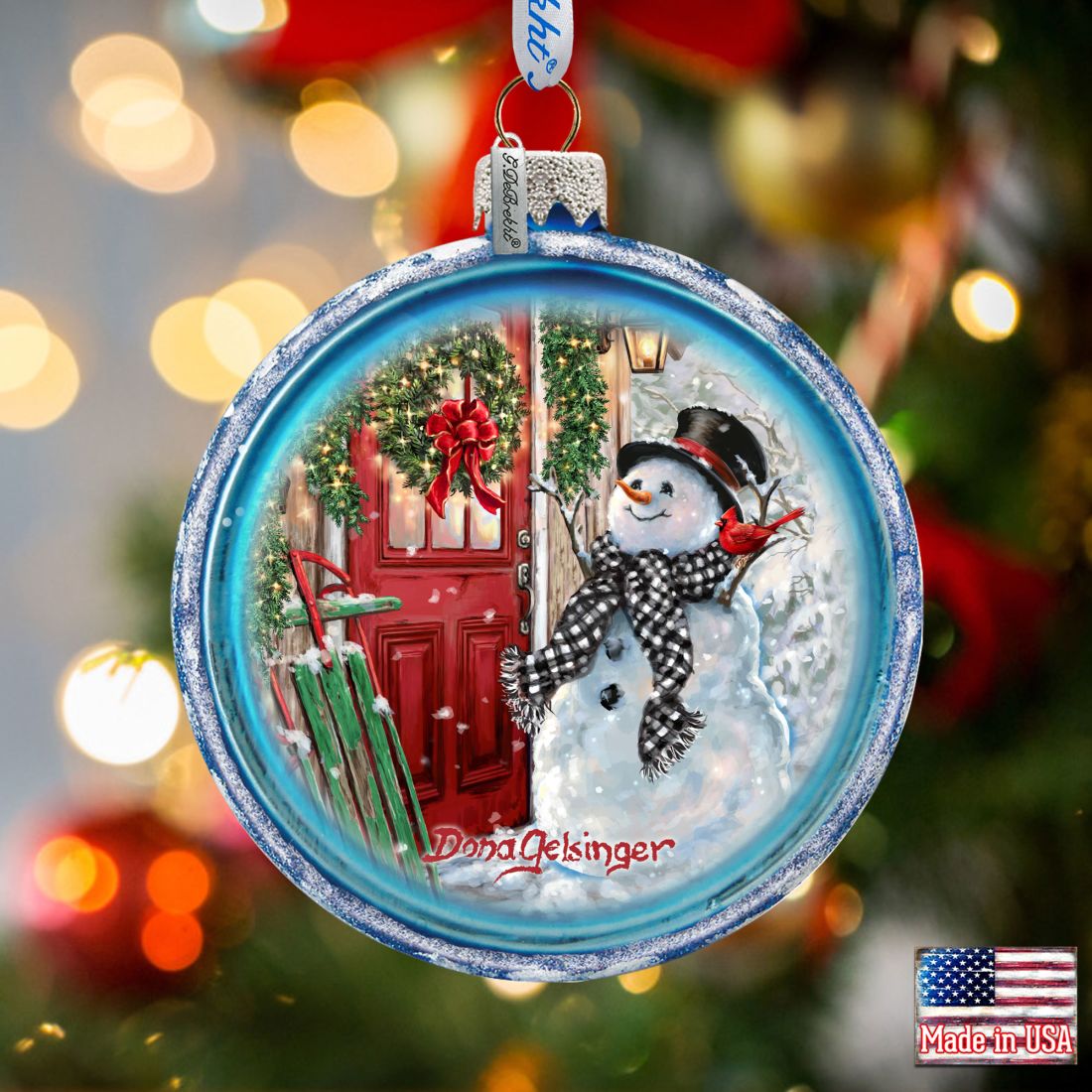 Happy Snowman Glass Ornament by D. Gelsinger - Christmas Santa Snowman Decor - 764-151-DG