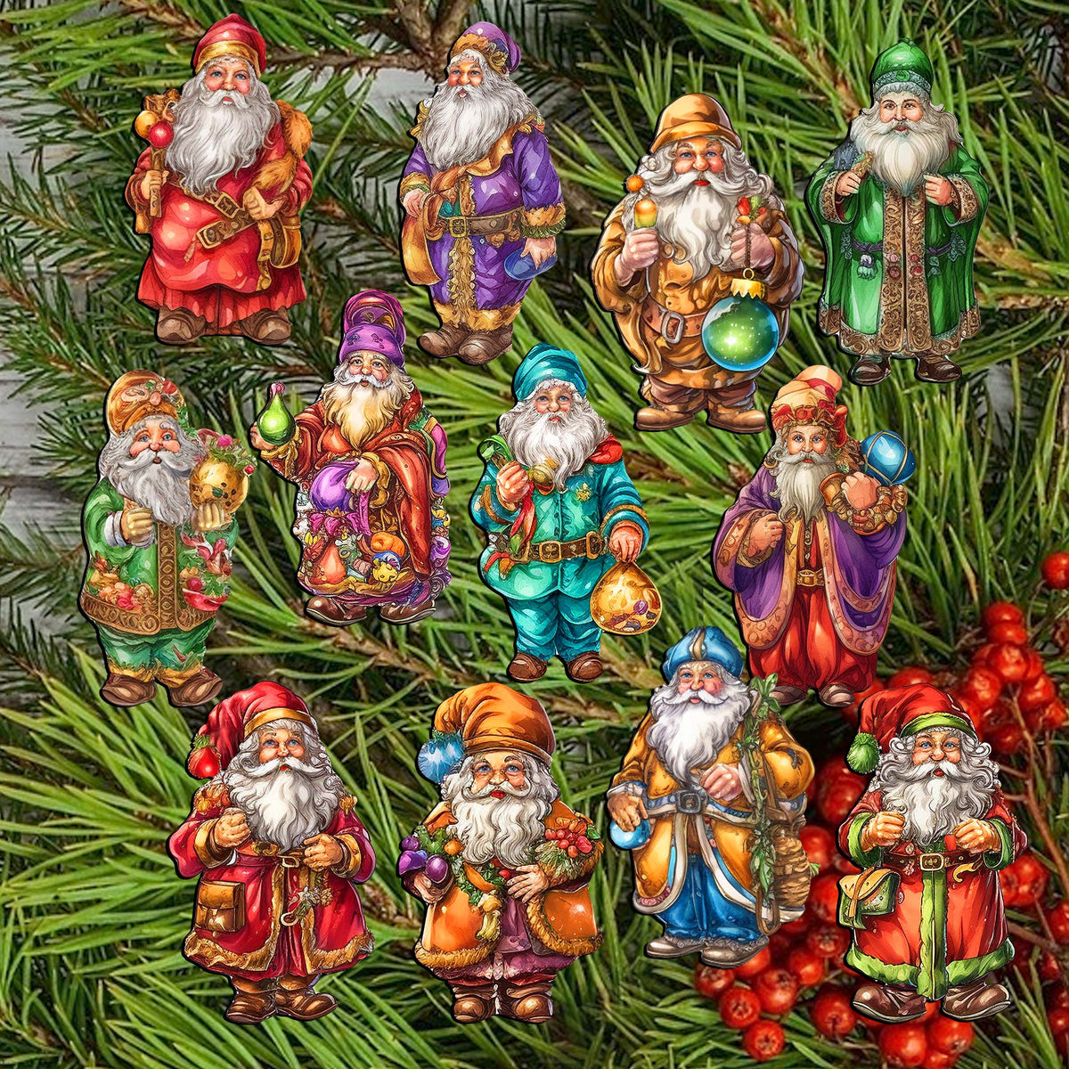 Colorful Santa Clip-On Eco Wood Decorative Ornaments Set of 12 by G. Debrekht - Christmas Decor - 8090050C-S12