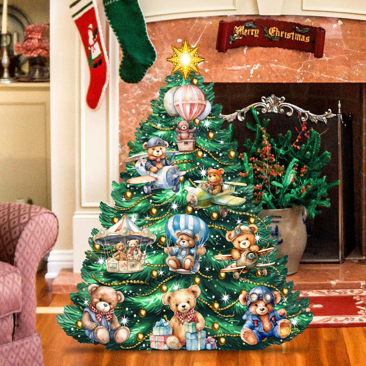 Teddy Bear-Themed Christmas Tree Outdoor Indoor Decor Wooden Christmas Decoration by G. Debrekht Christmas Decor - 8191508F