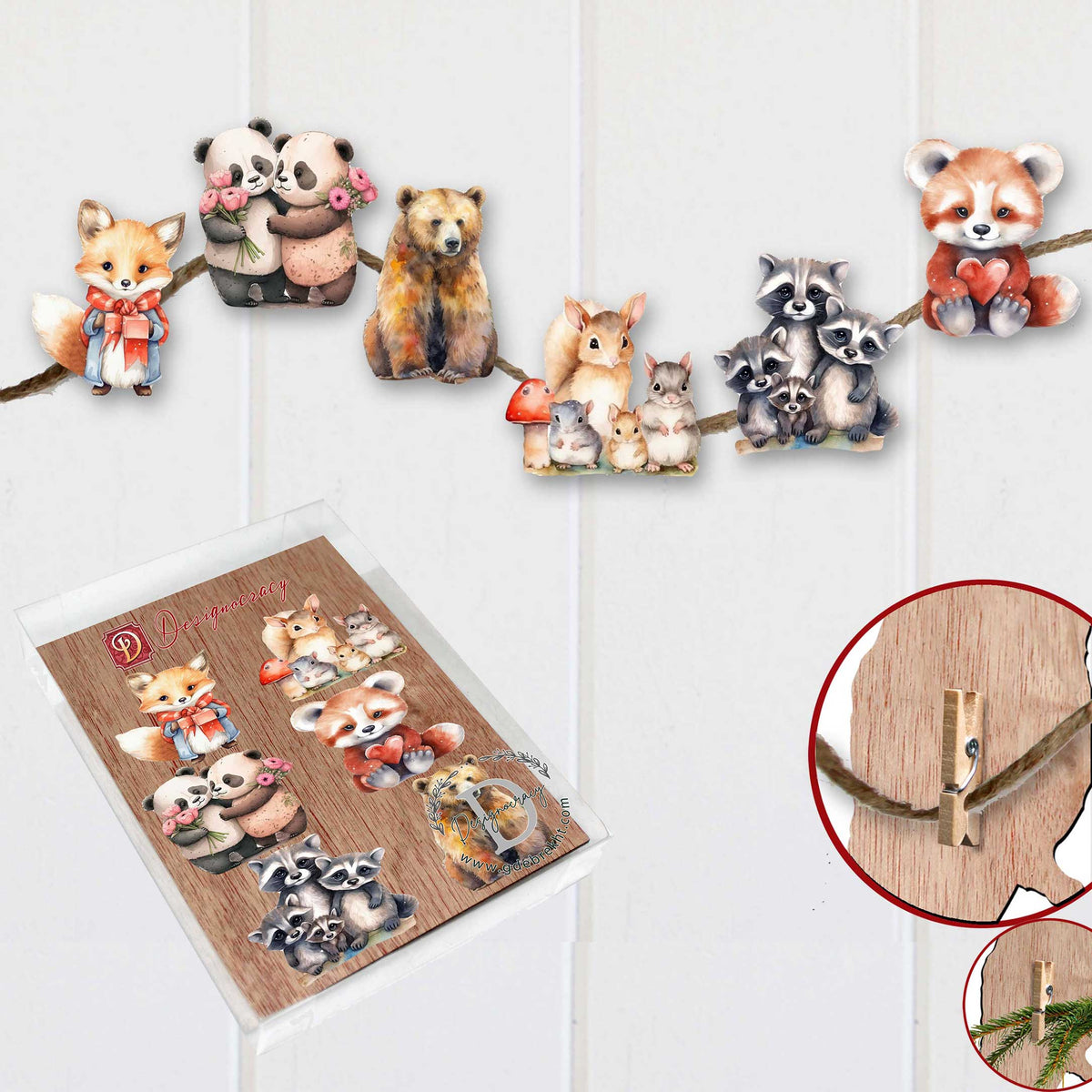 Forest Animals Clip-On Eco Wood Decorative Ornaments Set of 6 by G. Debrekht - Christmas Decor - 8090021C-S6