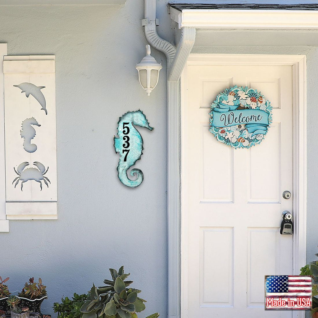 Seahorse Coastal Wooden Personalized House Number Sign by G. Debrekht - Coastal Sea-Life Decor - Handcrafted Wooden Handcrafted Wooden Handcrafted Wooden Address Sign - MA98517