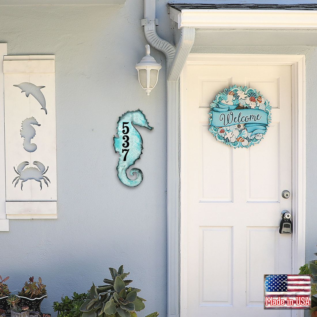 Seahorse Coastal Wooden Personalized House Number Sign by G. Debrekht - Coastal Sea-Life Decor - Handcrafted Wooden Handcrafted Wooden Handcrafted Wooden Address Sign - MA98517