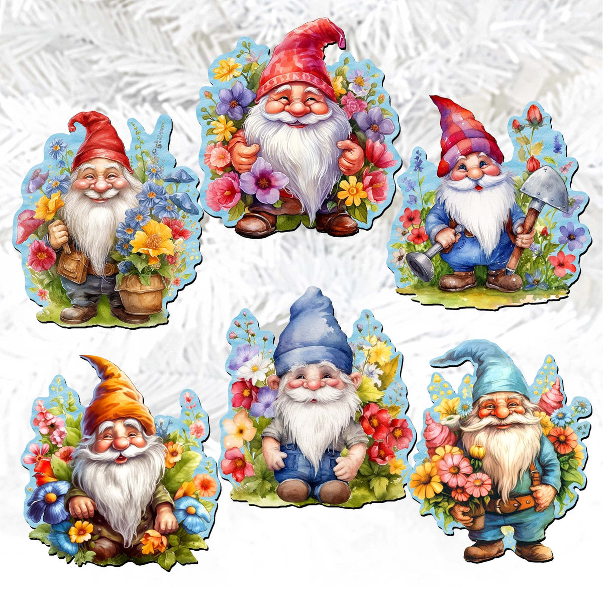 Garden Gnomes Clip-On Eco Wood Decorative Ornaments Set of 6 by G. Debrekht - Christmas Decor - 8090030C-S6