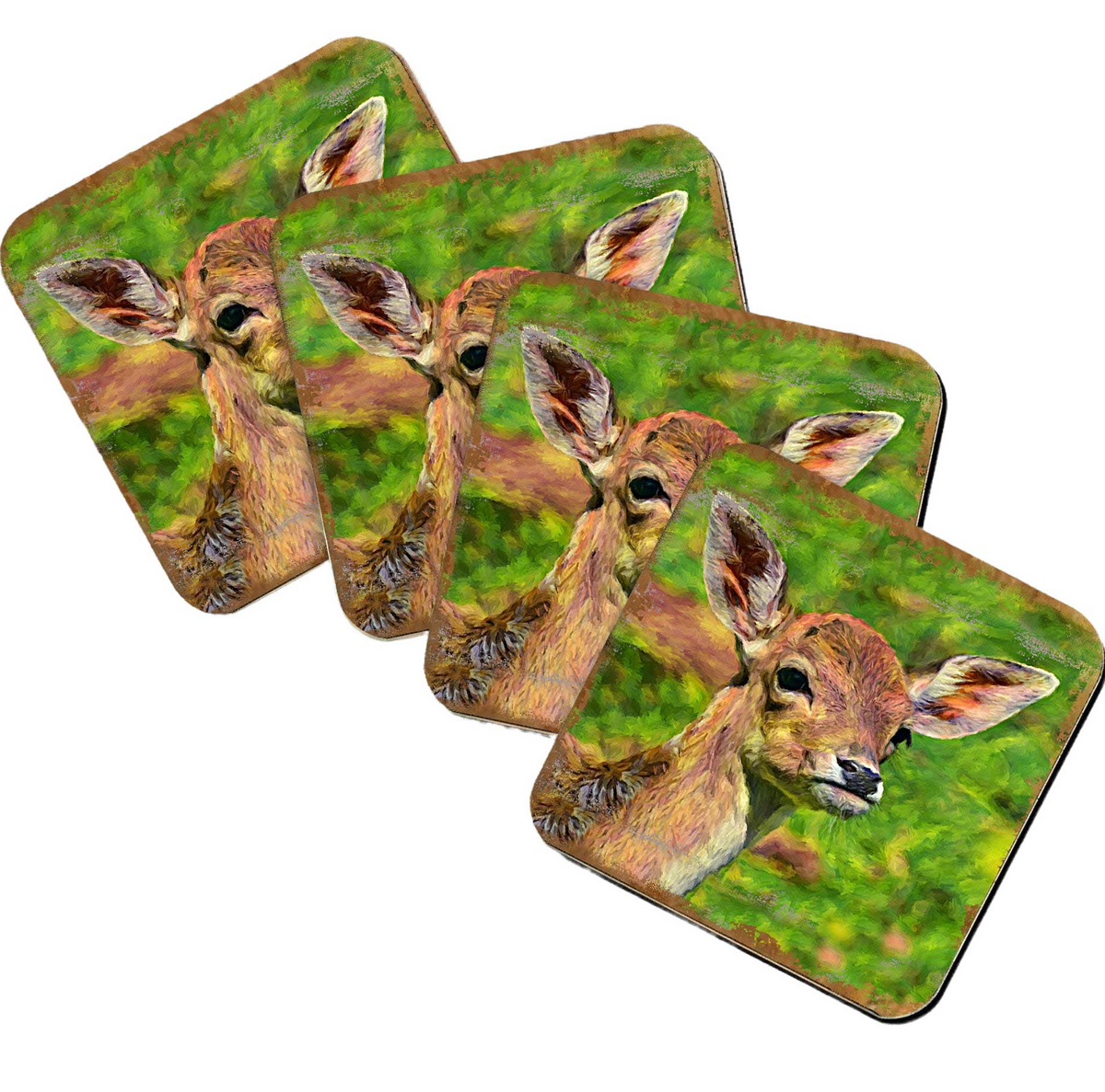 Deer Face Wooden Cork Coasters Gift Set of 4 by Nature Wonders - Nature Wildlife Decor  - 95288C-S4