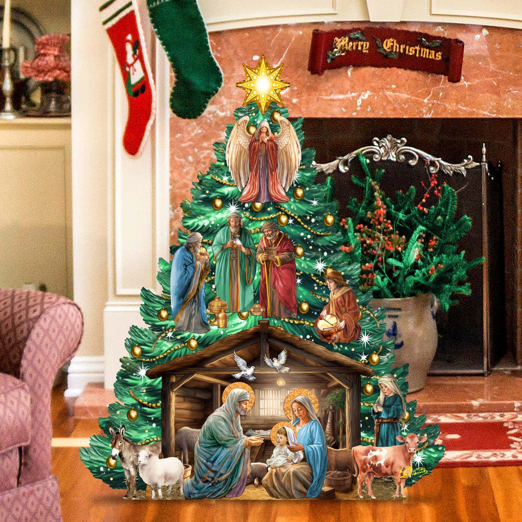 Nativity-Themed Christmas Tree Outdoor Indoor Decor Wooden Christmas Decoration by G. Debrekht Christmas Decor - 8191503-3F