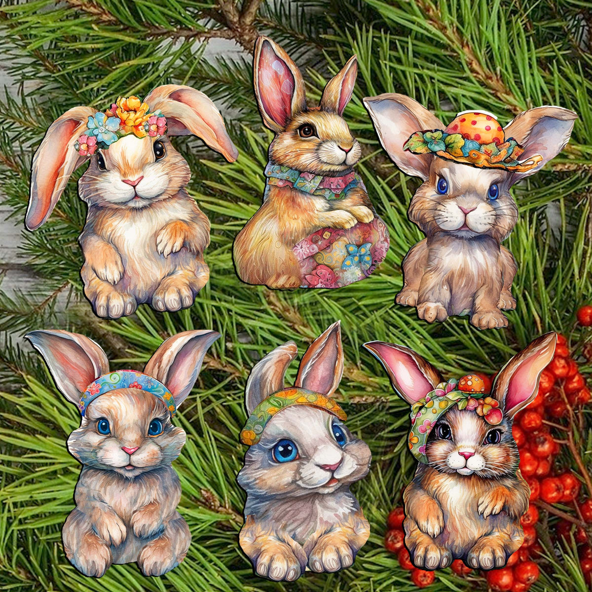 Easter Bunnies Clip-On Eco Wood Decorative Ornaments Set of 6 by G. Debrekht - Easter Decor - 8090042C-S6