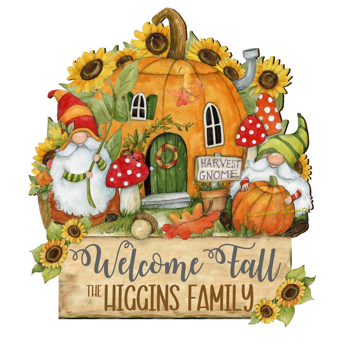 Fall Decor Personalized Harvest Welcome Sign with Last Name Cornucopia Door Decor Handmade Gift Autumn Porch Decor by Susan Winget - Thanksgiving Decor Item 8471209HC-SW