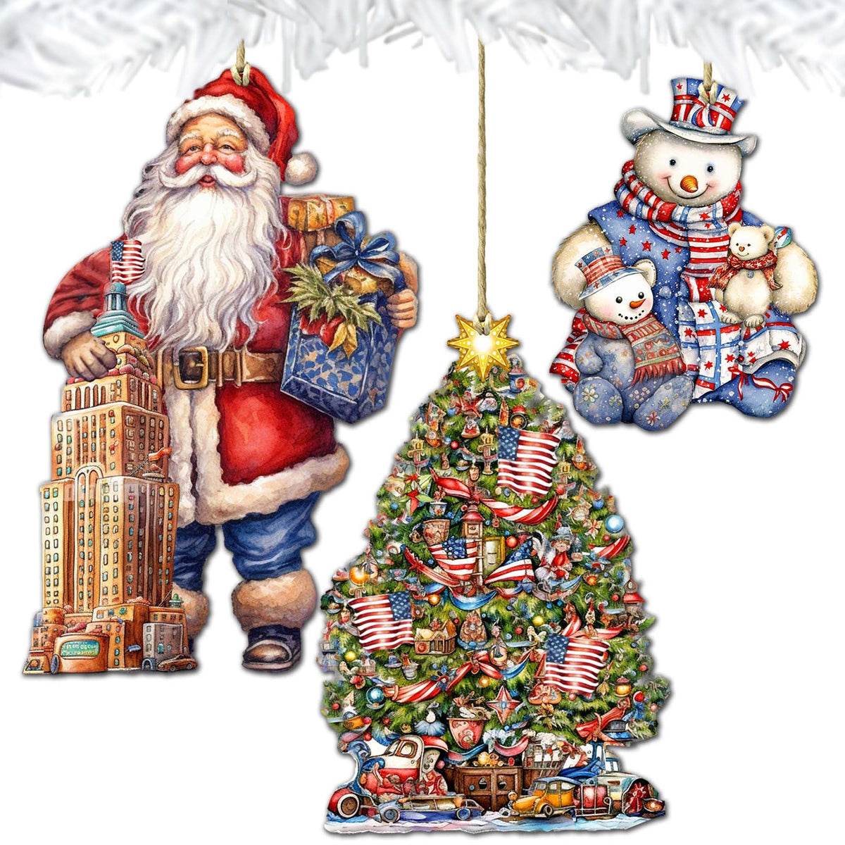 Santas Around the World - American Inspired Santa - Eco Wood Ornaments Set of 3 by G. DeBrekht Christmas Santa Snowman Decor - 8091301S3