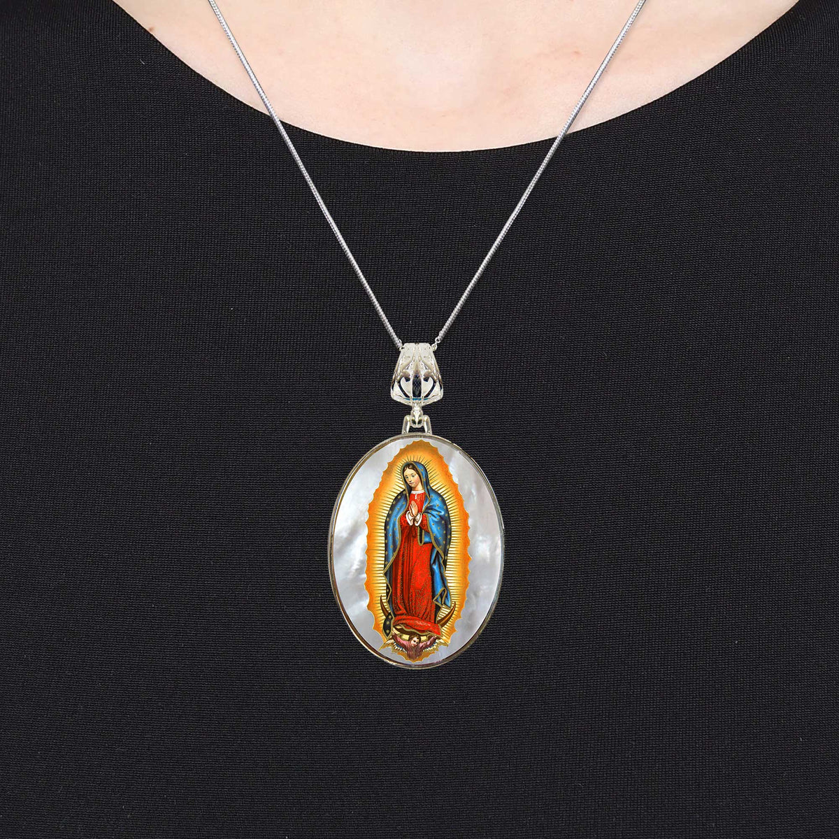 Lady of Guadalupe Silver Plated Mother of Pearl Necklace Jewelry - 43032