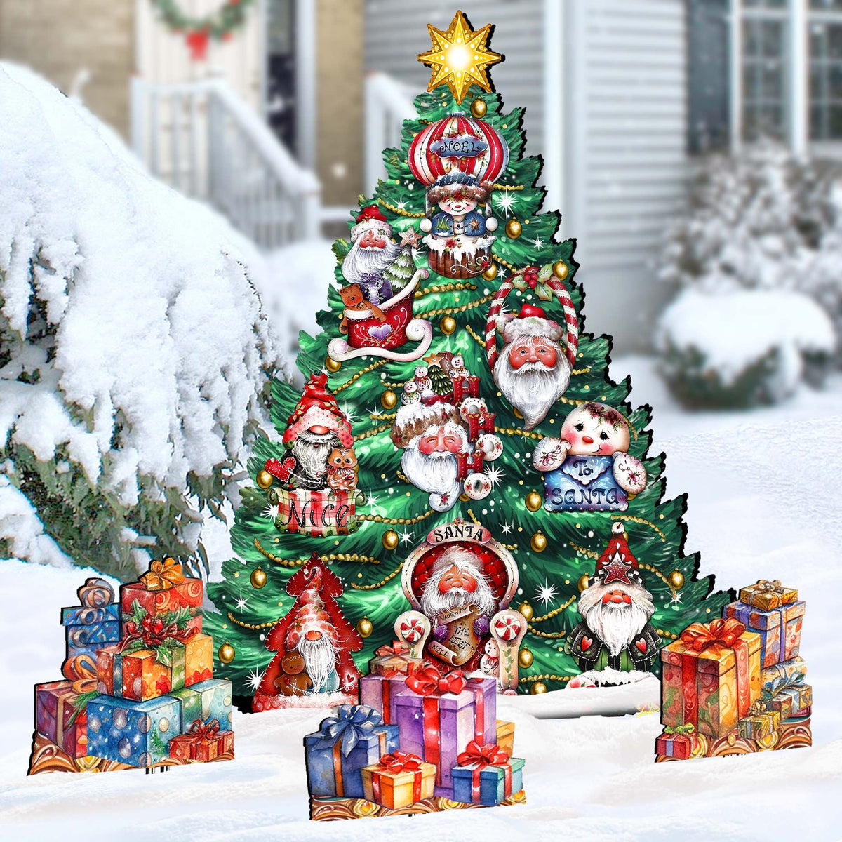 Santa-Themed Christmas Tree Set Outdoor Indoor Decor Wooden Christmas Decoration by Jamie Mills-Price - Christmas Decor - 8191509F-G