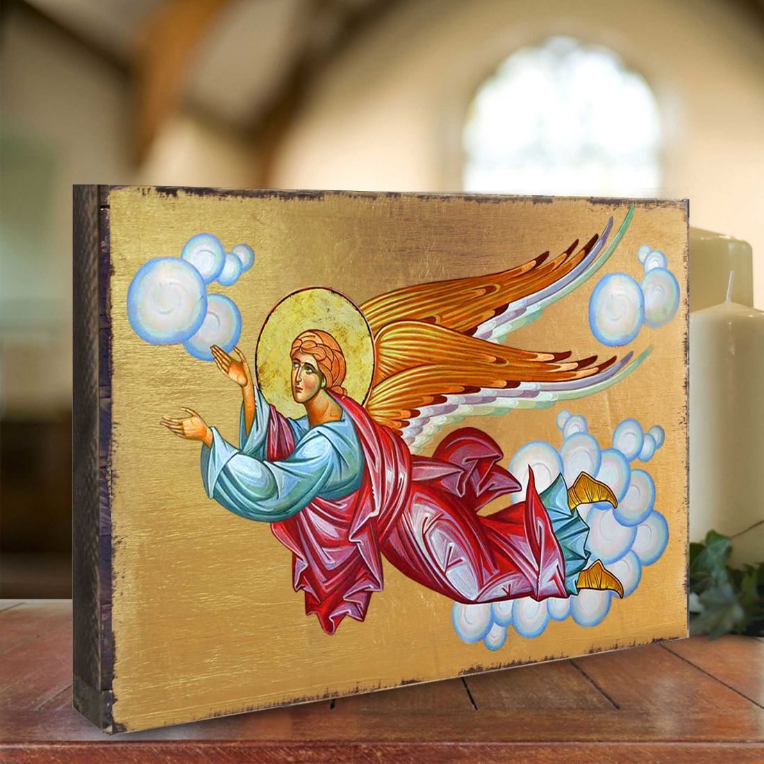 Flying Angel Wooden Gold Plated Religious Christian Sacred Icon - Inspirational Icon Decor - 85034