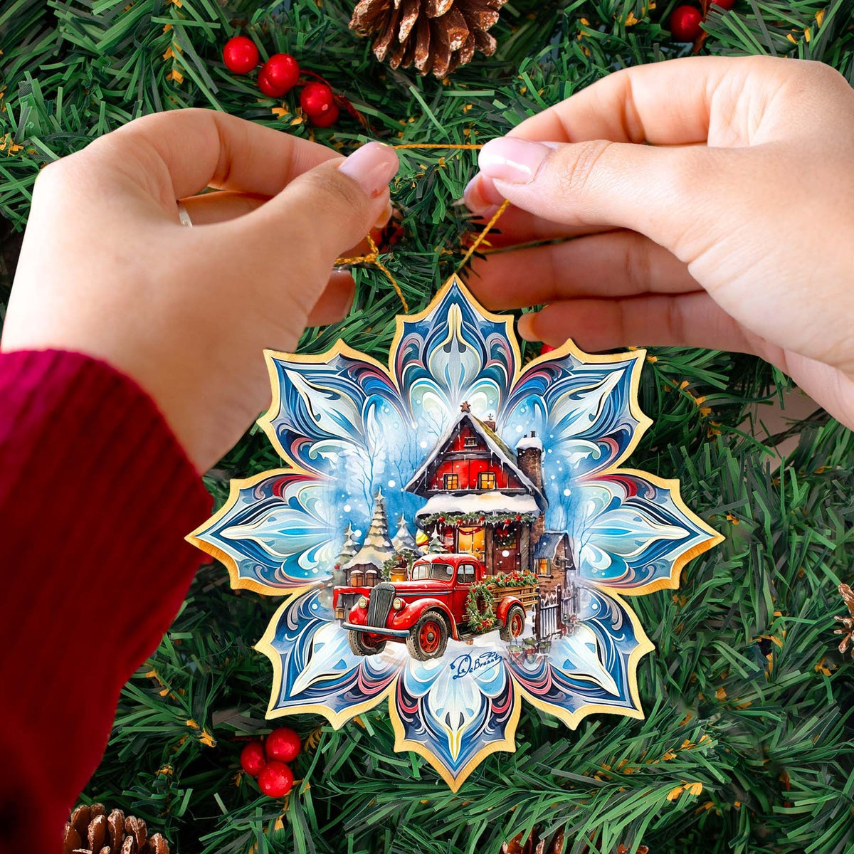 Christmas Cottage Snowflake Wooden Ornaments by G. Debrekht - Christmas Decor - 8688406