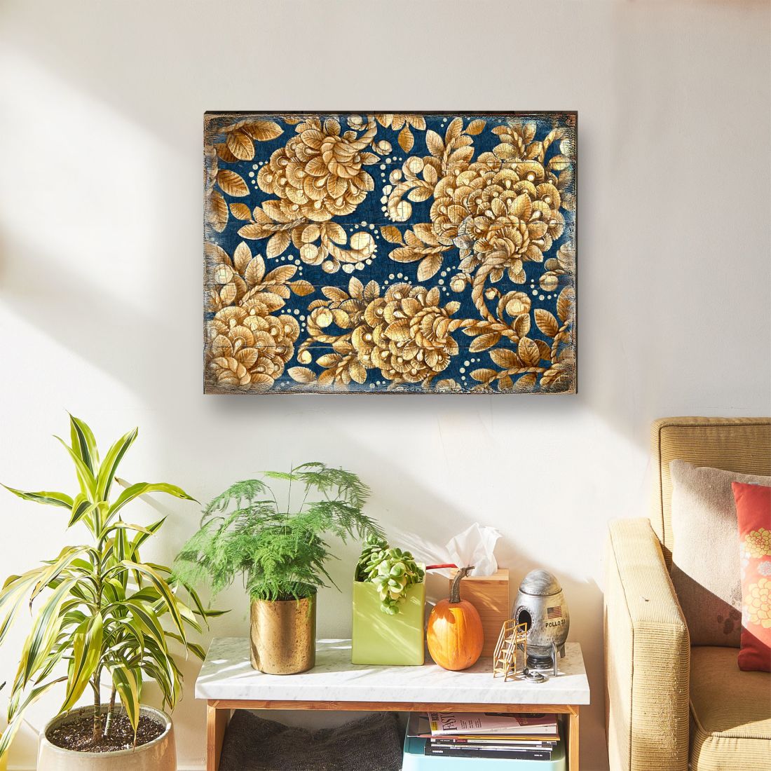 Gold Floral Art on Navy Blue Rustic Wooden Wall Art by G. DeBrekht - Floral Ornamental Decor - 95014B