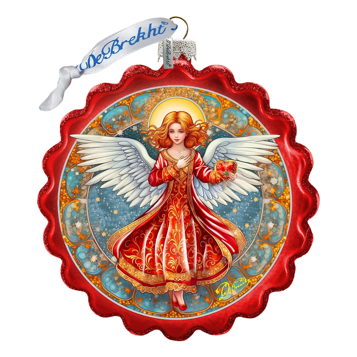 Angel with Love Wreath Glass Ornament by G. Debrekht - Nativity Holiday Decor - 759-062