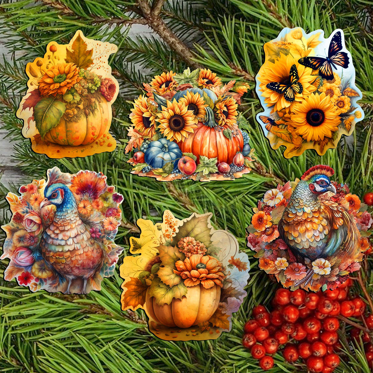 Happy Thanksgiving Clip-On Eco Wood Decorative Ornaments Set of 6 by G. Debrekht - Thanksgiving Decor - 8090018C-S6