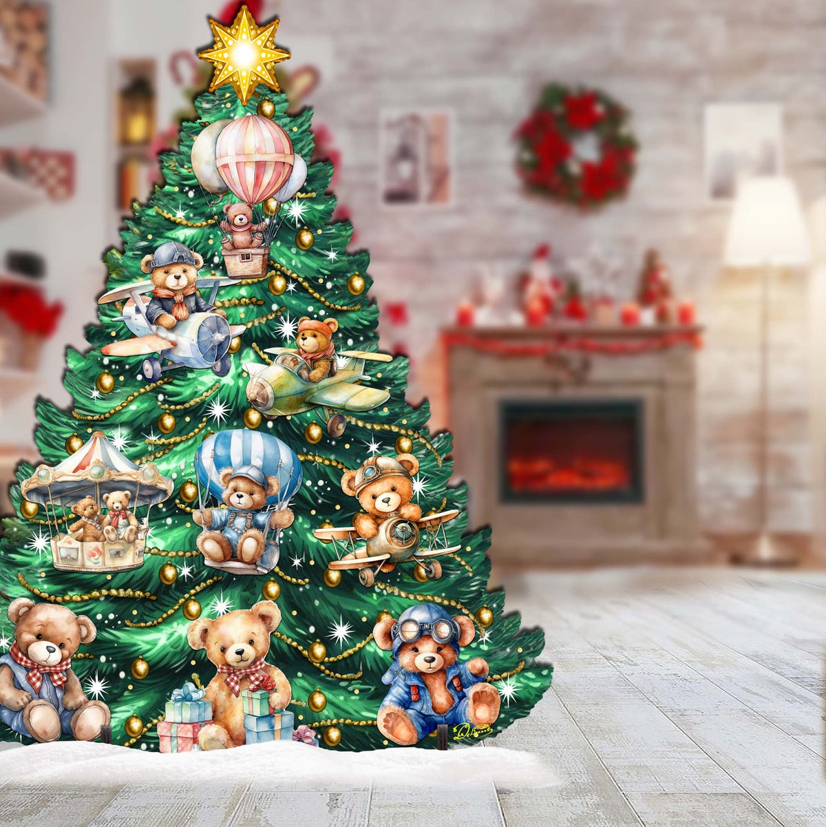 Teddy Bear-Themed Christmas Tree Outdoor Indoor Decor Wooden Christmas Decoration by G. Debrekht Christmas Decor - 8191508F