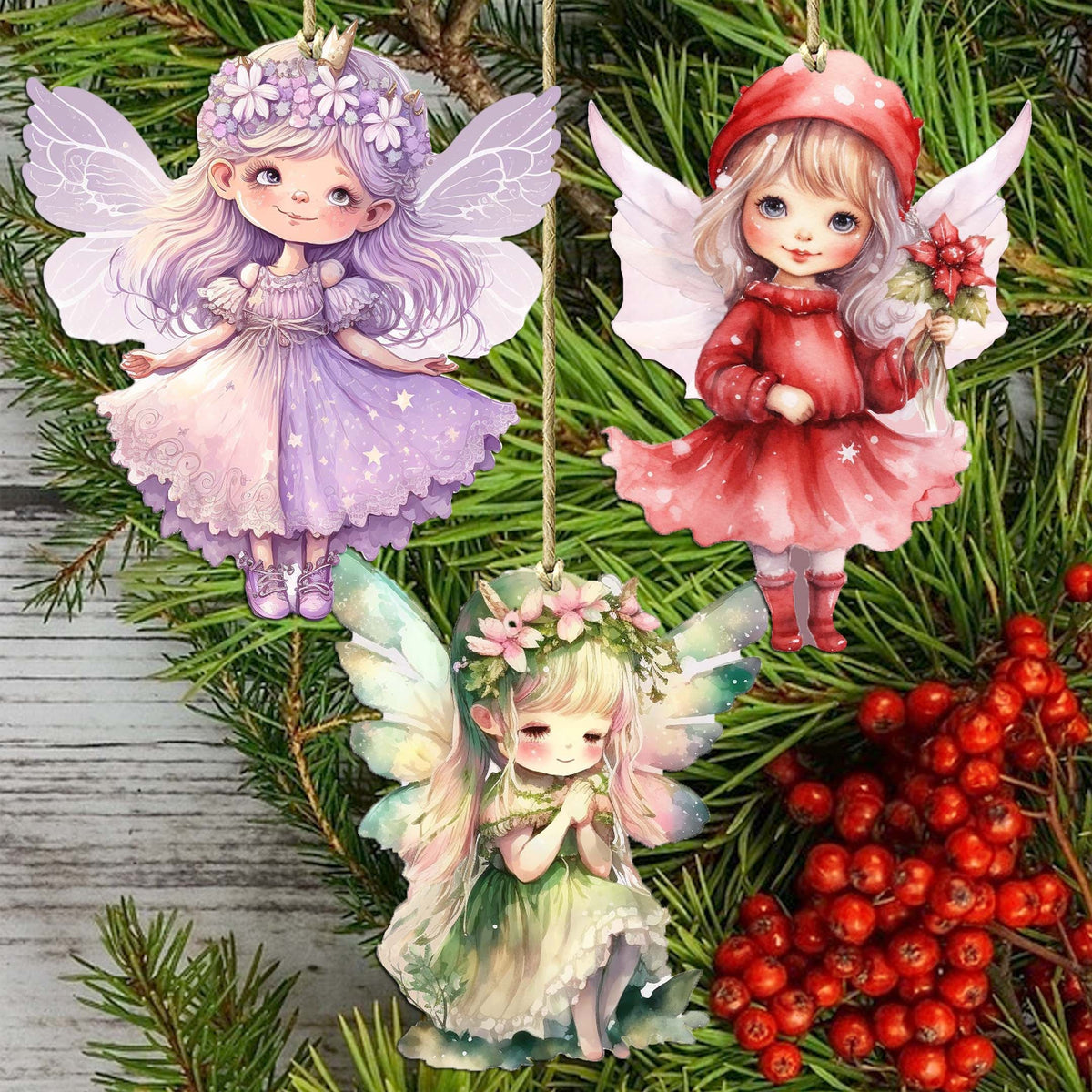 Colorful Fairies Decorative Wooden Ornaments of 3 by G. Debrekht - Love Family Decor - 8091006-S3