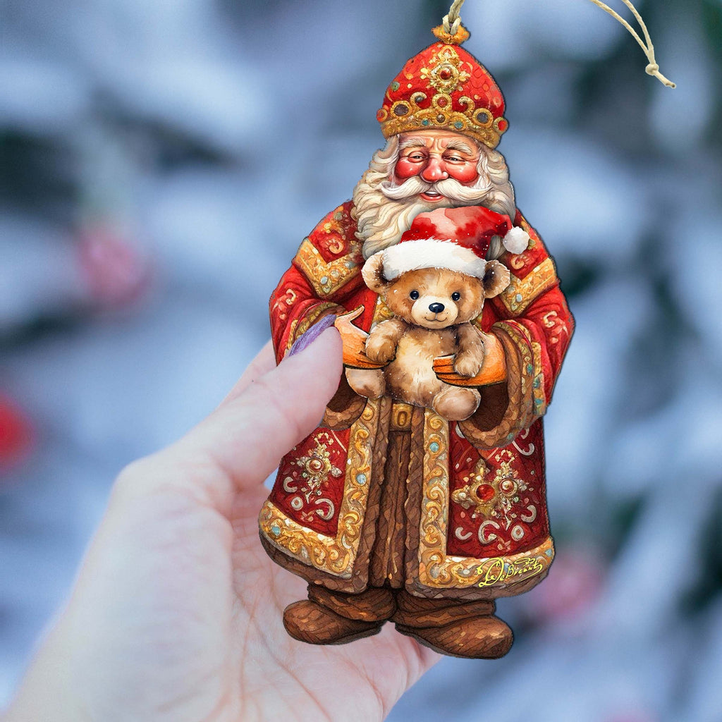 Santa's Teddy Bear Hug Wooden Ornaments by G. Debrekht - Christmas Santa Snowman Decor - 8691415