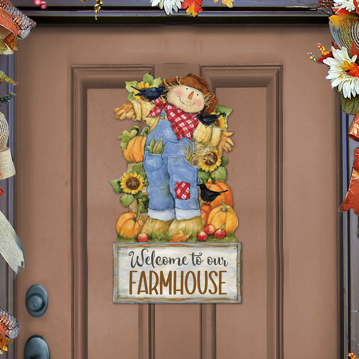 Farmhouse Door Hanger Fall Decoration Harvest Scarecrow Welcome Sign - Handmade Gift Autumn Adornment by Susan Winget - 8471211-2H-SW