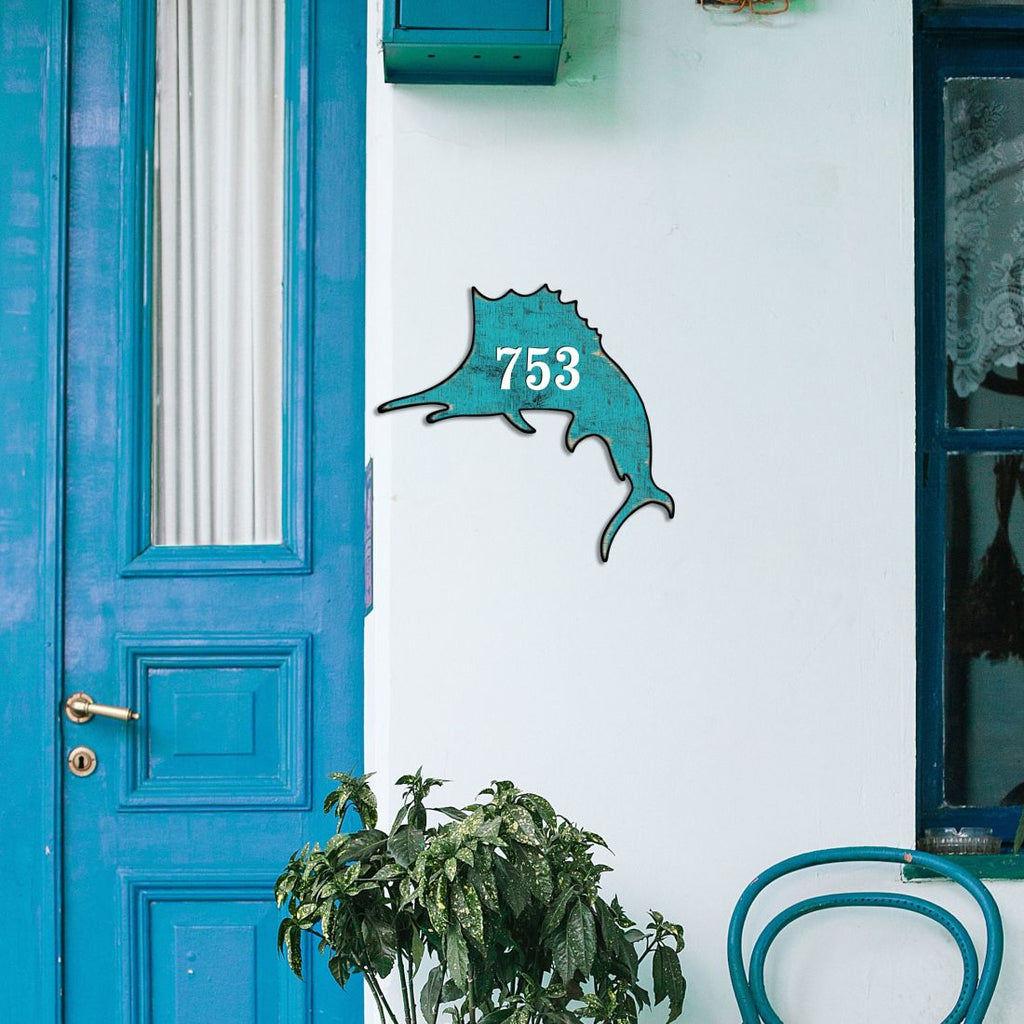 Swordfish Coastal Personalized House Number Sign by G. Debrekht - Coastal Sea-Life Decor - Handcrafted Wooden Handcrafted Wooden Handcrafted Wooden Address Sign - MA985492